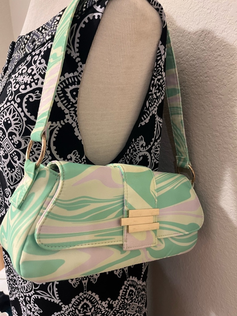 70’s inspired Stylish Pastel Swirl Shoulder Bag - Mint & Pink - Picture 7 of 7